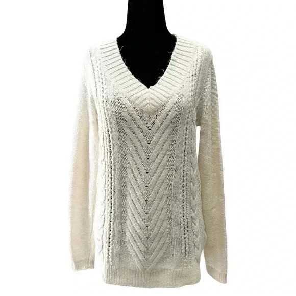 Ricki’s Cable Knit Sweater V-Neck Soft Pullover Fisherman Ivory Cream Small - Picture 1 of 15